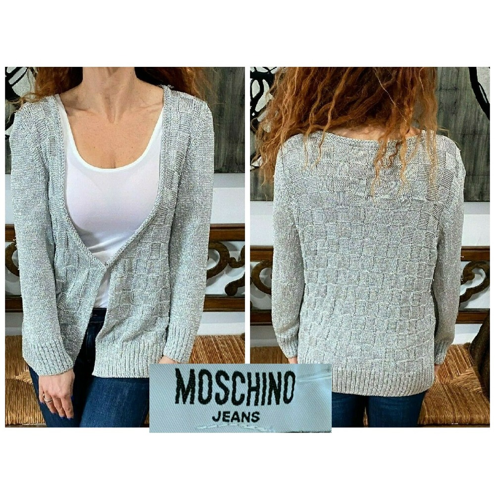 MOSCHINO JEANS SILVER  METALLIC LUREX KNIT CARDIGAN SWEATER  12❤️